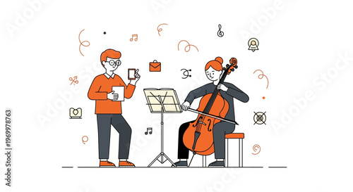 Man and girl play cello and sing and act and work and art is fun