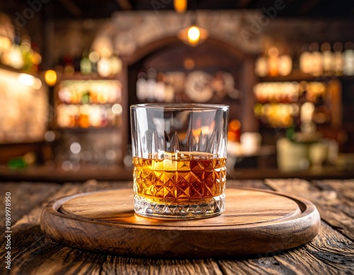 Whiskey glass vintage style on a wooden plate