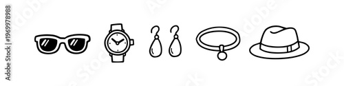 Hand-drawn minimalist fashion accessory icons including sunglasses, wristwatch, drop earrings, necklace, and fedora hat. Set of black line art doodles isolated on a white background.