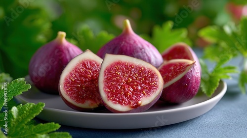 Fresh figs displaying rich red pulp on a plate with green leaves, healthy organic food a balanced diet