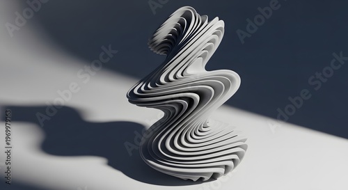 Abstract Layered Wavy Sculpture in White and Grey with Dramatic Lighting