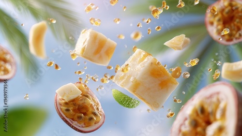 Bright passion fruit halves and banana slices flying through the air with water droplets and tropical leaves under sky sunny