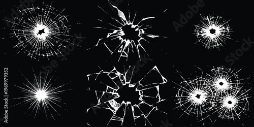 Set of realistic broken glass cracks and bullet hole vector illustration on isolated black background for design