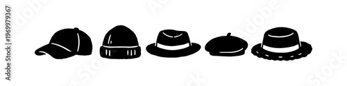Set of black hat silhouettes including baseball cap, beanie, fedora, beret, and straw hat. Minimalist hand-drawn fashion headwear icons isolated on white background.