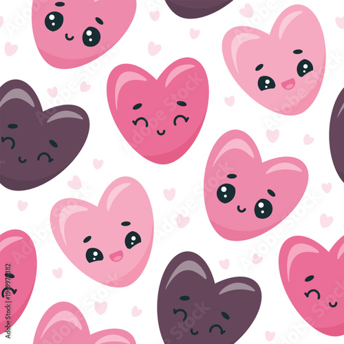Seamless pattern with kawaii hearts with cute faces