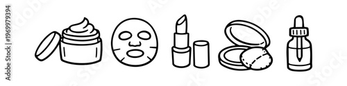Set of hand-drawn minimalist line art icons for beauty and skincare products including cream, sheet mask, lipstick, compact powder, and serum bottle. Vector illustration for cosmetics design.