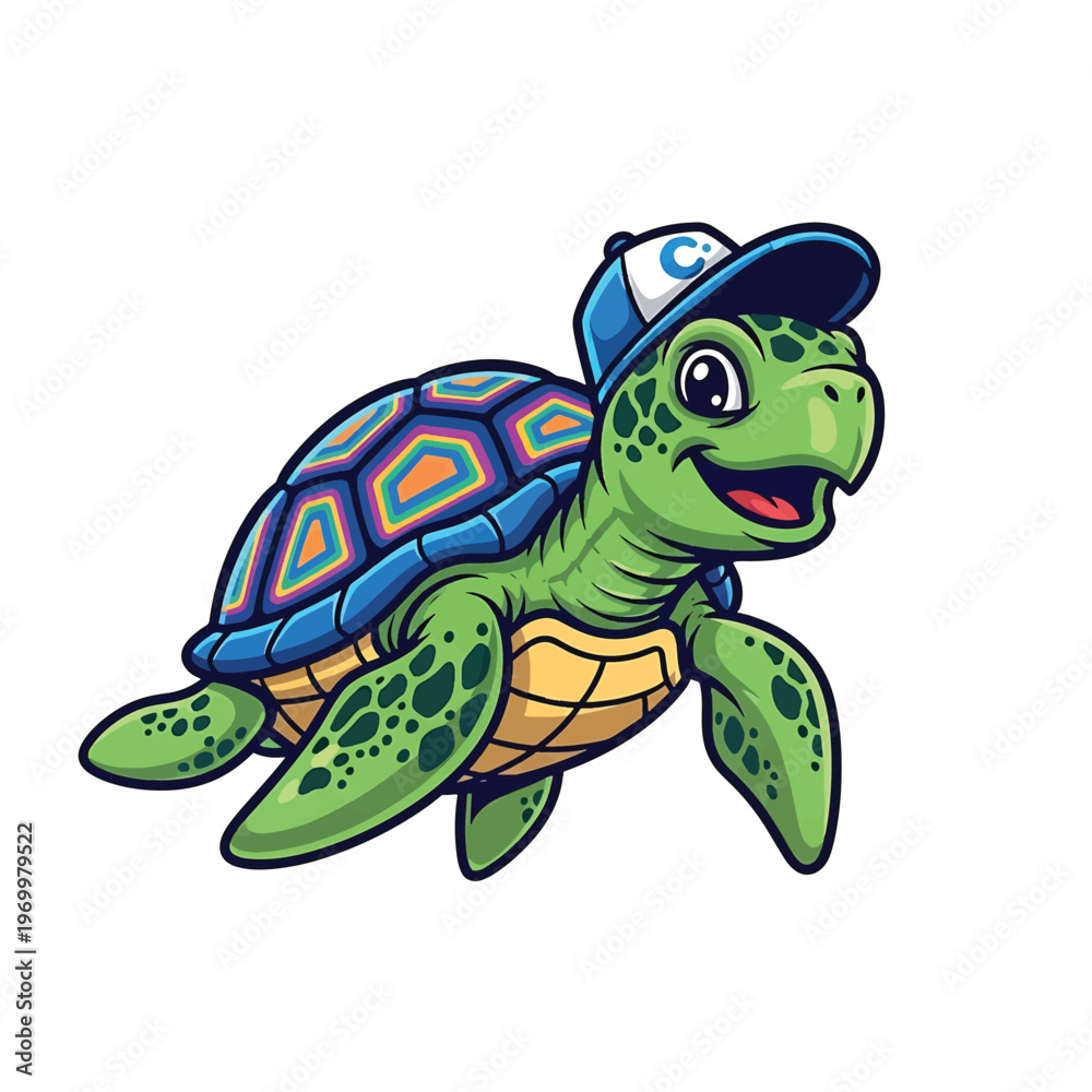 Obraz premium Cartoon Turtle with Cap and Colorful Shell for Kids