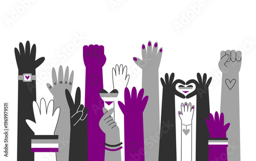 Diverse asexual hands, awareness and visibility banner. Straight and queer hands with ace flag colors and symbols. Asexual pride and human rights concept.