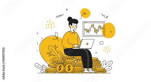 A girl sits on gold coins uses laptop for stock trade and big fast gain