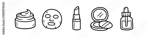 Set of hand-drawn beauty and skincare icons including cream, sheet mask, lipstick, powder compact, and serum bottle. Minimalist black line art doodles for spa, health, and makeup designs.