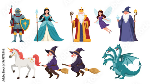 Diverse collection of mythical fantasy characters including a brave knight, elegant princess, majestic king, magical fairy, and unicorn.