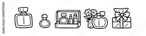 Set of hand-drawn perfume bottles and gift box doodles in a simple linear style. Vector illustrations of fragrance packaging, scents, and floral elements for beauty and cosmetic design.