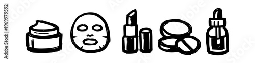 Hand-drawn set of beauty and skincare icons featuring cream jar, face mask, lipstick, cotton pads, and serum bottle. Minimalist black ink sketch on white background.