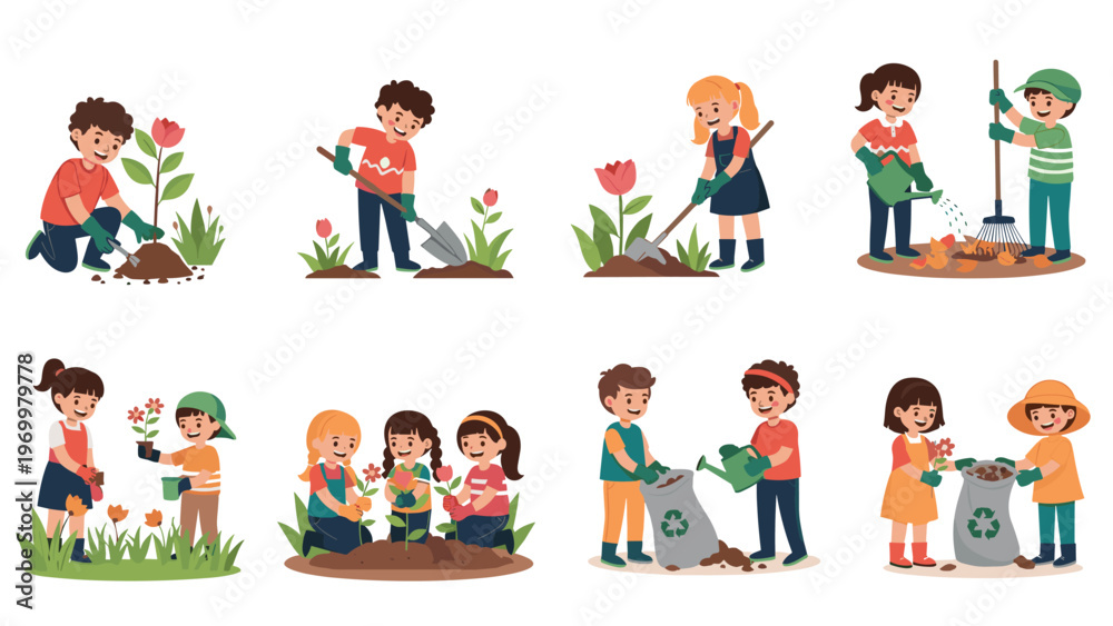 Fototapeta premium Joyful scenes of young children engaged in various outdoor gardening tasks such as planting flowers, raking leaves, and composting.