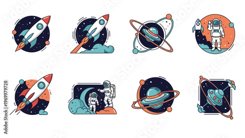 Collection of space exploration icons featuring various rocket launches, distant planets, adventurous astronauts, and flying objects.