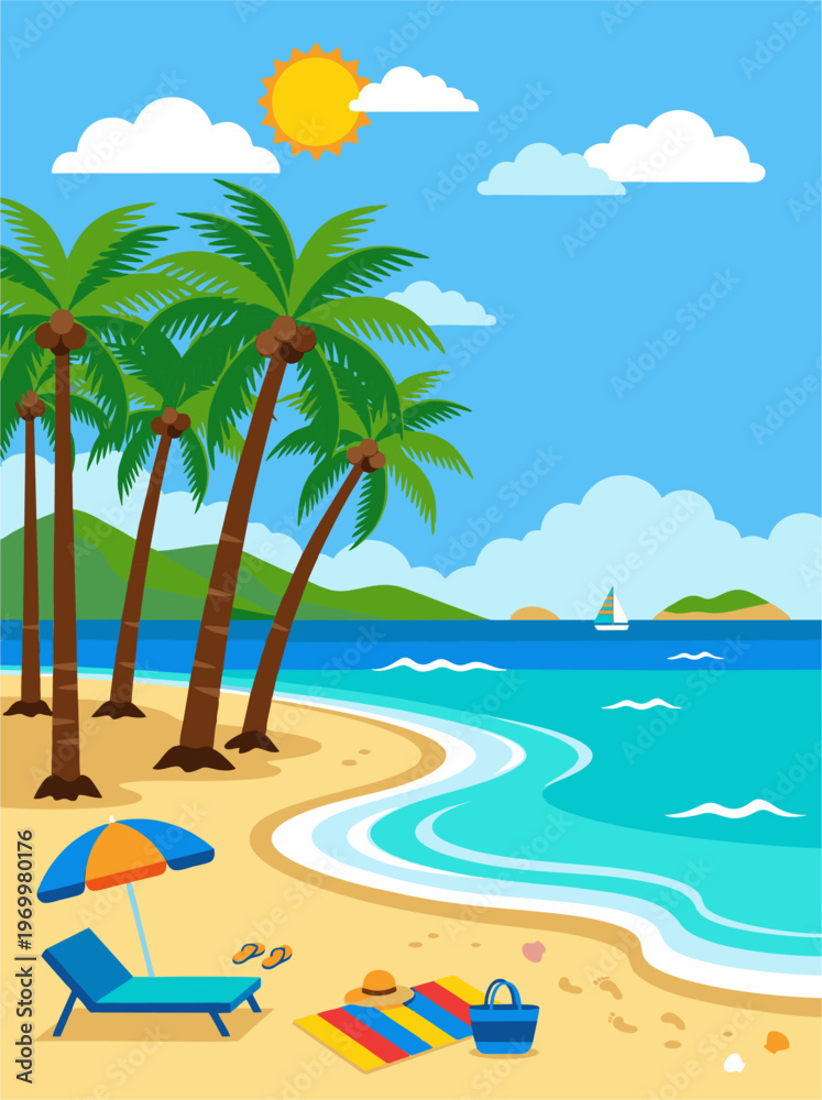 Obraz premium Tropical beach landscape with palm trees, beach chair, picnic mat, and ocean waves vector.