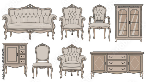 Collection of ornate vintage furniture pieces including a sofa, armchairs, and wooden cabinets with decorative carvings and details.