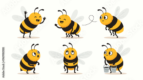 Set of adorable cartoon bee characters showing various emotions and activities like flying, waving, and carrying honey buckets.