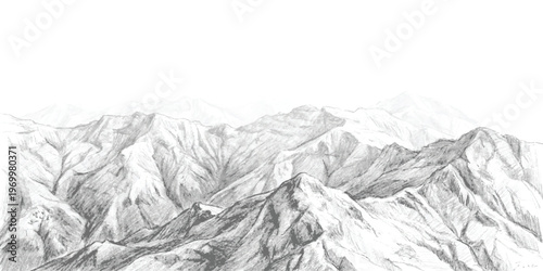 Hand drawn ink sketch of majestic mountain range isolated on white background artistic landscape vector illustration