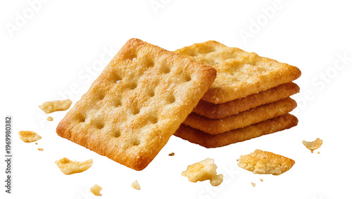 Φωτογραφία Stacked golden wheat crackers, scattered crumbs surrounding the savory snack