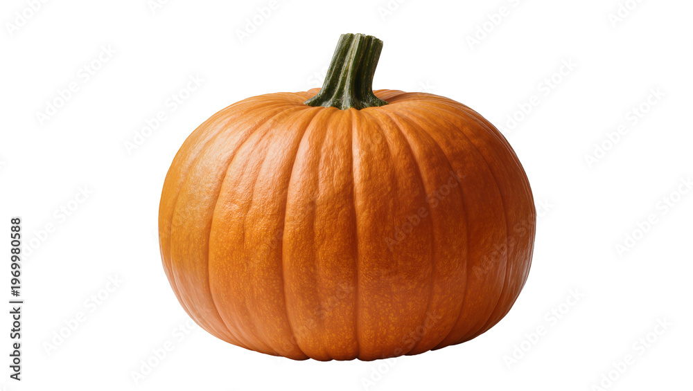 Obraz premium Round orange pumpkin with textured ridges, displaying a sturdy green stem