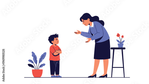 Angry mother or teacher scolding a stubborn young boy with crossed arms in a room with potted plants and furniture.
