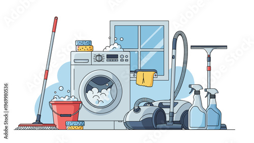 Illustration of various household cleaning supplies and appliances including a washing machine, vacuum cleaner, and sanitizing products.