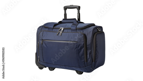 Photos Navy blue rolling suitcase featuring zippered pockets telescopic handle, and fou