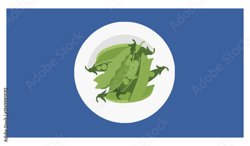 Top view plate with sugar snap peas flat vector illustration on blue background