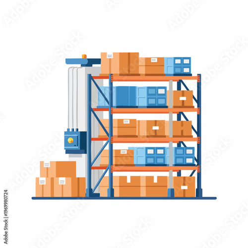 Warehouse shelving unit stacked with orange and blue boxes, with a control panel