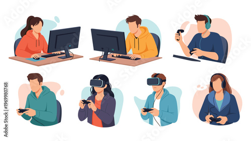 Set of diverse people engaged in gaming activities using desktop computers, handheld consoles, and virtual reality headsets.