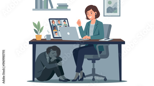 woman boss bullying employee at office desk.