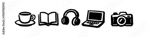 Hand-drawn black ink doodle icons of a coffee cup, open book, headphones, laptop, and camera, representing lifestyle hobbies and creative work on a plain white background.