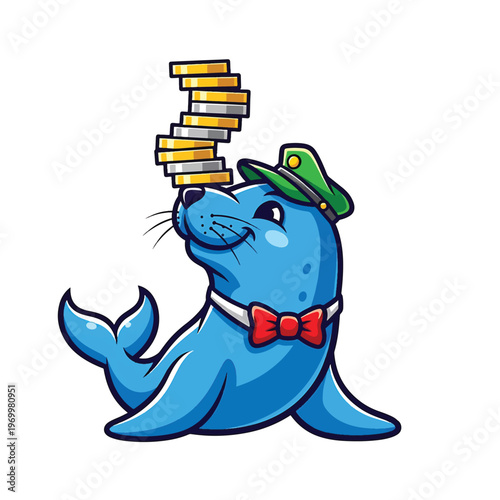 Blue sea lion with stacked coins and green hat
