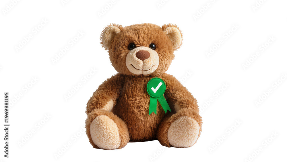 Fototapeta premium Brown plush teddy bear sitting, wearing green ribbon with checkmark