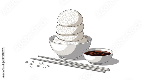 Traditional japanese meal scene featuring a high stack of white rice balls in a ceramic bowl with chopsticks and soy sauce.