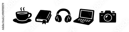 Minimalist black and white lifestyle icon set featuring a coffee cup, a book, headphones, a laptop, and a camera. Perfect for creative blog design and website elements.
