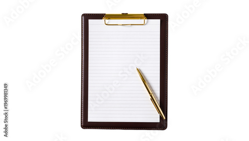 Bild auf Leinwand Brown leather clipboard holding lined paper, gold pen resting diagonally