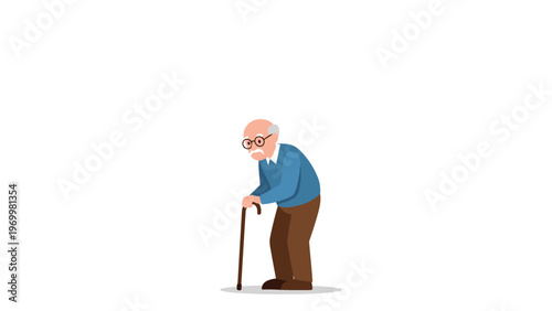 Elderly man with a white mustache and glasses slowly walking with a wooden cane on a plain white background for healthcare concepts.