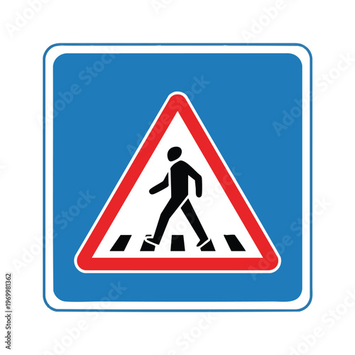 Road sign indicating a pedestrian crossing with a person walking across stripes