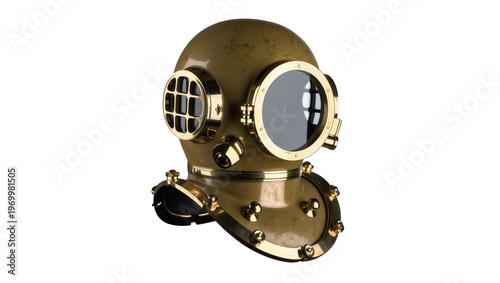 Konstfotografi Vintage brass diving helmet, featuring circular glass portholes and numerous bol