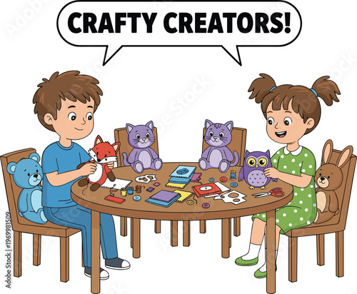 Cute children boy and girl making plush toys and sewing crafts at a table with tools and stuffed animals.