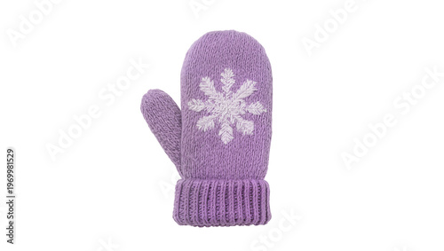 Fotografi Purple knitted mitten, displaying a delicate snowflake embroidery design