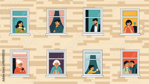 Apartment building facade showing various neighbors engaged in different daily activities through their lighted living room windows.