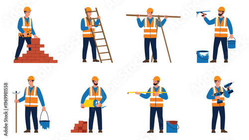 Professional construction workers in safety vests and helmets performing various building tasks such as bricklaying, painting, and drilling.