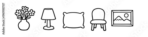 Set of minimalist hand-drawn icons featuring home decor elements: a vase with flowers, a table lamp, a pillow, a chair, and a framed mountain picture. Clean black line art on white background.