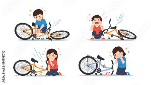 Emotional scenes of young children crying and feeling hurt after falling off their bicycles while playing outdoors.