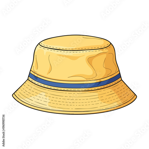 A simple yellow bucket hat with a blue band and visible stitching