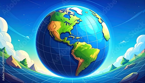 Cartoon Earth floats above a grid landscape under a bright sky with scattered clouds