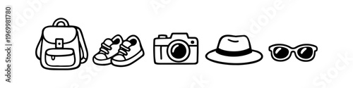Set of travel essentials icons including a backpack, shoes, camera, hat, and sunglasses. Simple black line art for adventure, vacation, and tourism concepts.